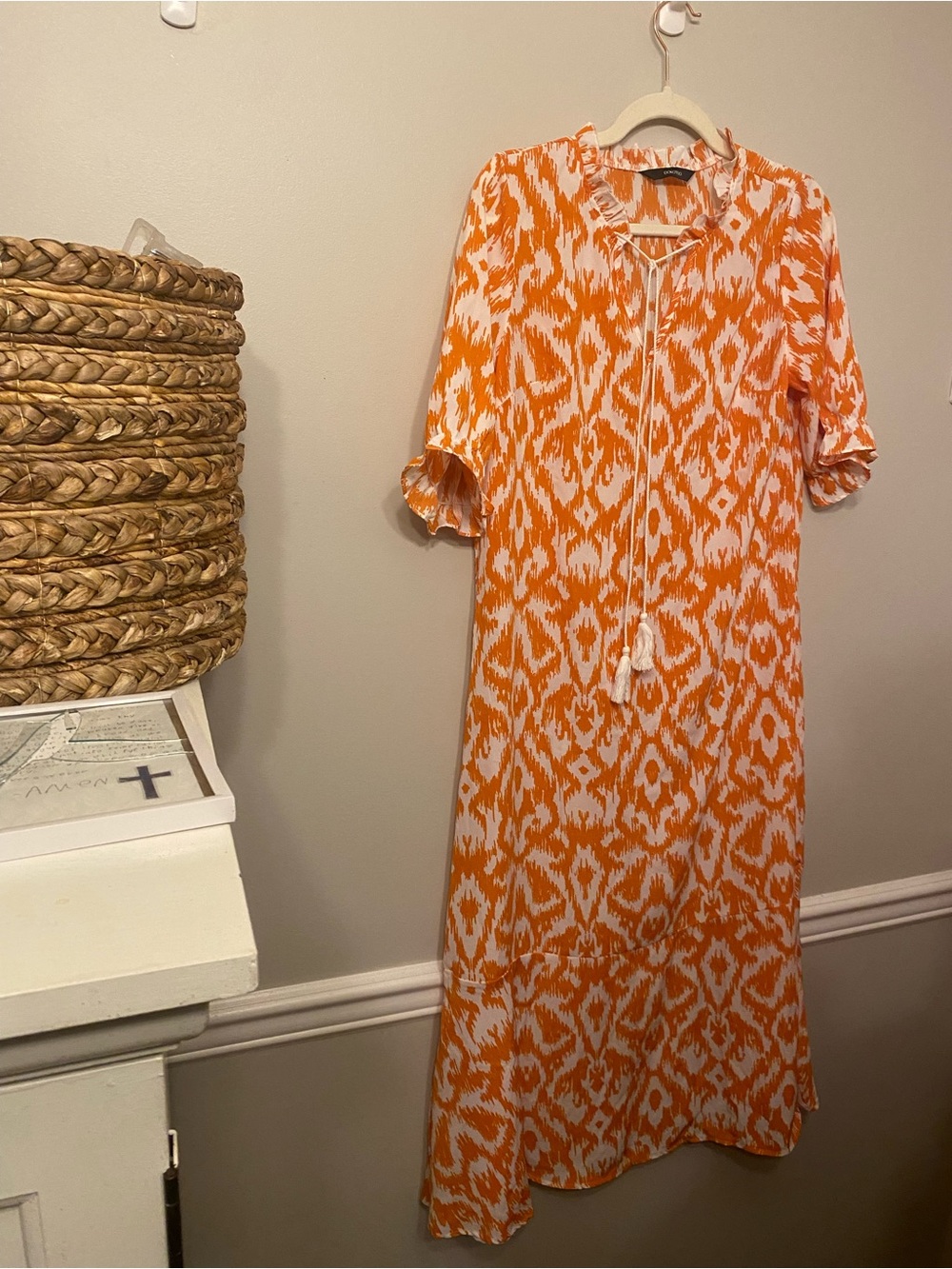 Orange and White Ikat-Print Maxi Dress with Tassel Tie